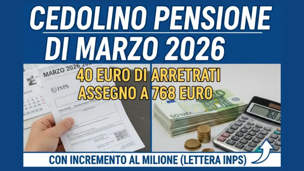 Cedolino Pensione di Marzo 2026: 40 euro di Arretrati e Assegno a 768 euro con Incremento al milione